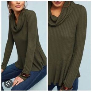 Anthropologie Maeve Dark Olive Green Cowl Neck Sweater Ribbed